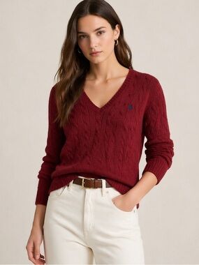 Polo Ralph Lauren Women's Cable Wool-Cashmere V-Neck Sweater Deep Red- 2XL